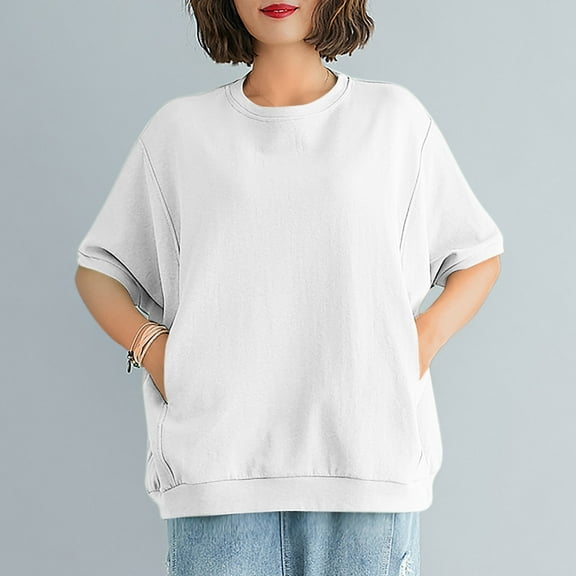 Teyfeniy Women Oversized Tops Solid Color Shirts with Pockets Pullover Short Sleeve Summer Casual Crew Neck Holiday Vacation Lightweight Spring Outfit Comfy Soft Blouse Tops