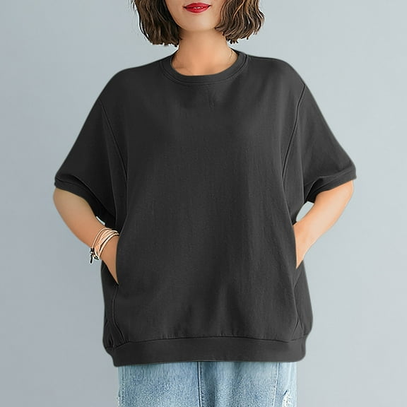 Teyfeniy Women Oversized Tops Solid Color Shirts with Pockets Pullover Short Sleeve Summer Casual Crew Neck Holiday Vacation Lightweight Spring Outfit Comfy Soft Blouse Tops