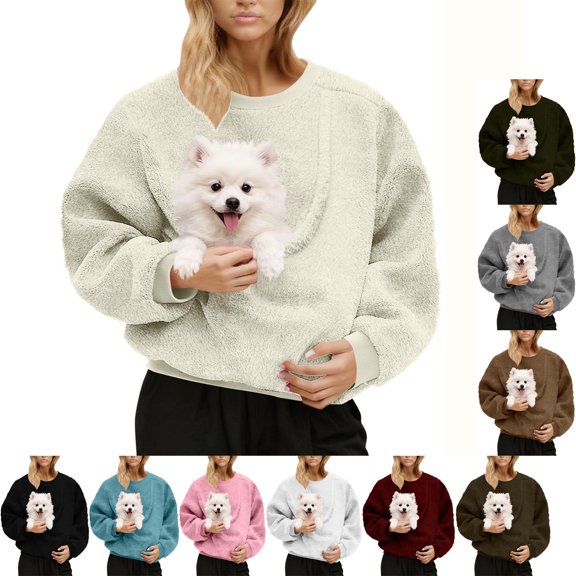 Teyfeniy Women Pet Carrier Tops Sweatshirt Cat Dog Pouch Holder Shirt Carrier Larger Pocket Oversized Fleece Warm Long Sleeve Pullover Puppy Kitten Dogs Holder
