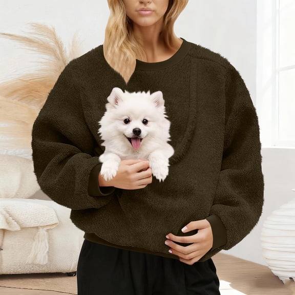 Teyfeniy Women Pet Carrier Tops Sweatshirt Cat Dog Pouch Holder Shirt Carrier Larger Pocket Oversized Fleece Warm Long Sleeve Pullover Puppy Kitten Dogs Holder