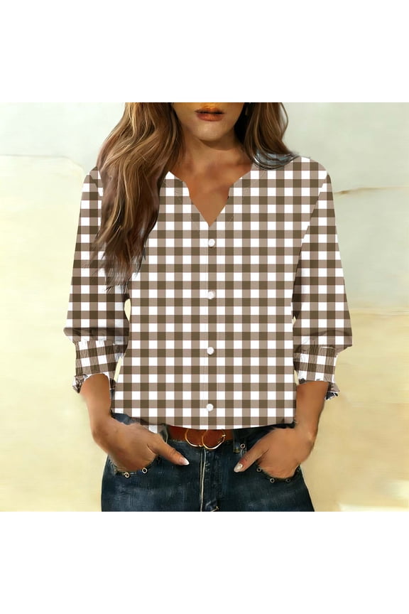 Women Plaid Shirts Button Down V Neck 3/4 Sleeve Tops Summer Spring Casual Lightweight Fashion Comfy Going out Holiday Vacation Lounge Blouses