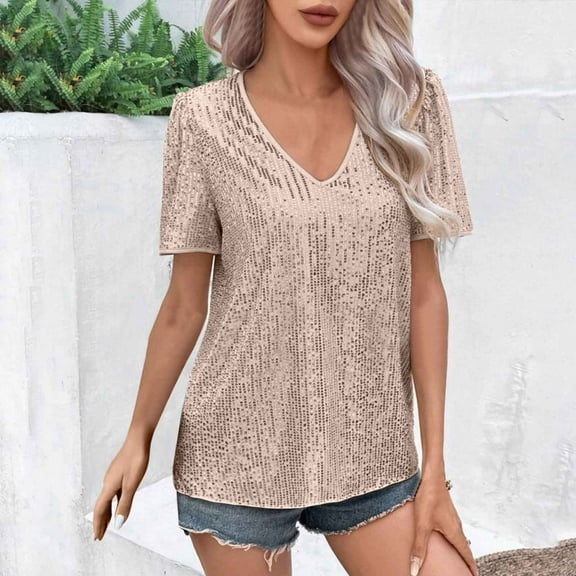 Teyfeniy Women Sequin Tops Sparkly Glitter Shirts Pullover Short Sleeve Summer Casual V Neck Holiday Vacation Party Lightweight Spring Outfit Comfy Soft Blouse Tops