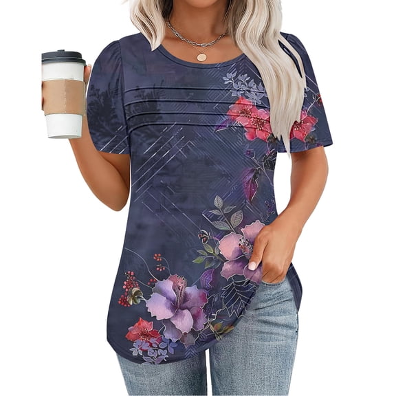 Teyfeniy Women Summer Tops Casual Graphic Shirts Short Sleeve Pullover V Neck Holiday Vacation Loose Lightweight Casual Spring Outfit Soft Blouse Tops