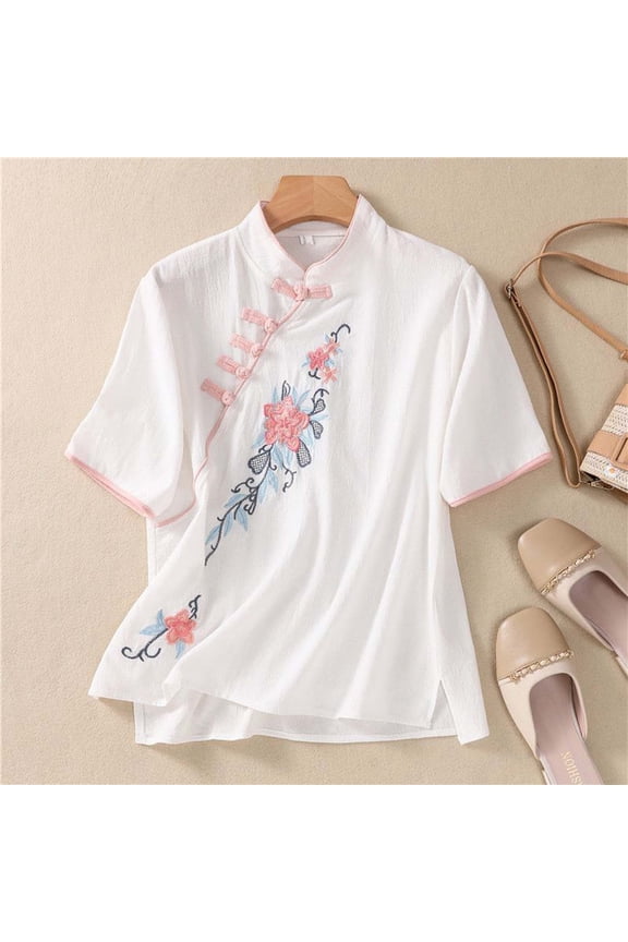 Women Tang Shirt Buckle Hanfu Cheongsam Short Oriental Floral Embroidery Short Sleeve Blouse Chinese National Style Loose T-Shirt Vintage Traditional Blouses Tops