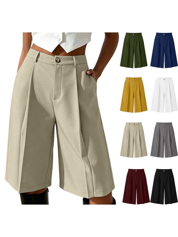 Women's Bermuda Shorts Summer Dressy Business Casual Formal Wedding Guest Suit Pants Office Work High Waist Knee LengthBaggy Wide Leg Shorts