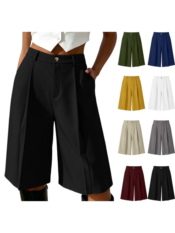Women's Bermuda Shorts Summer Dressy Business Casual Formal Wedding Guest Suit Pants Office Work High Waist Knee LengthBaggy Wide Leg Shorts