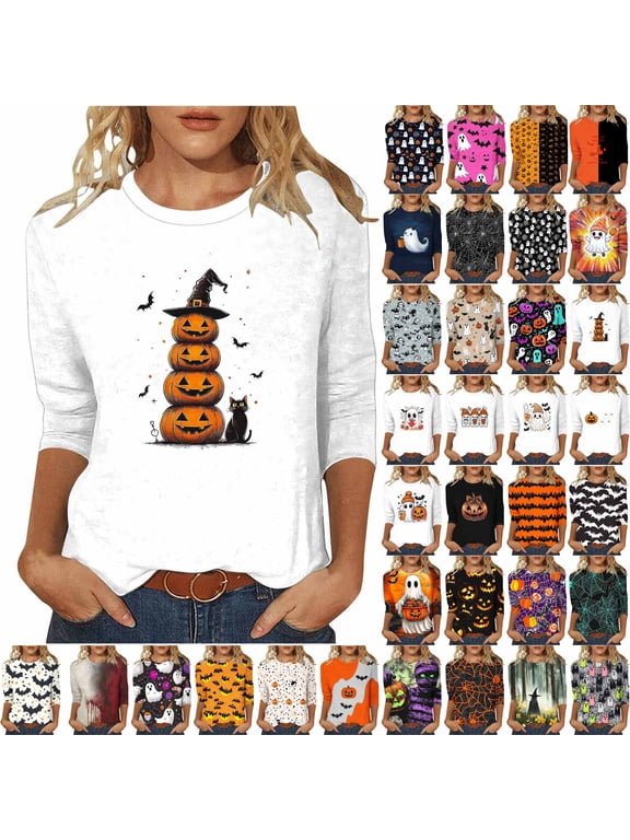 Women's Halloween Print Shirts Plus Size 3/4 Sleeve Crew Neck Pullover Casual Tops Fashion Fall T-Shirts Comfy Stylish Graphic Lightweight Tees Blouses Halloween Gifts