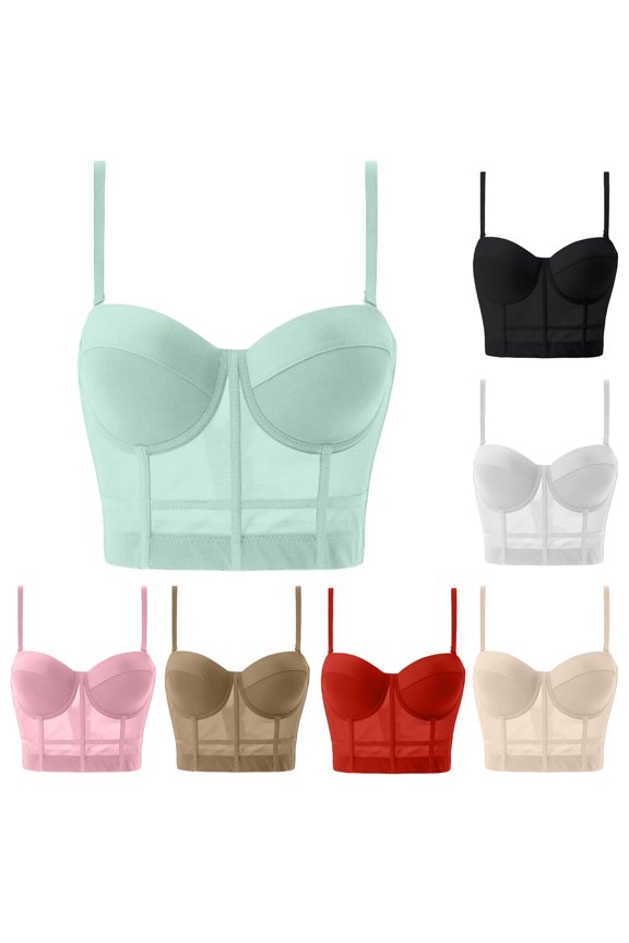 Women's Mesh Bustier Crop Top Push Up Corset Tops Bra Slim Underwire Supportive Cami Bralette
