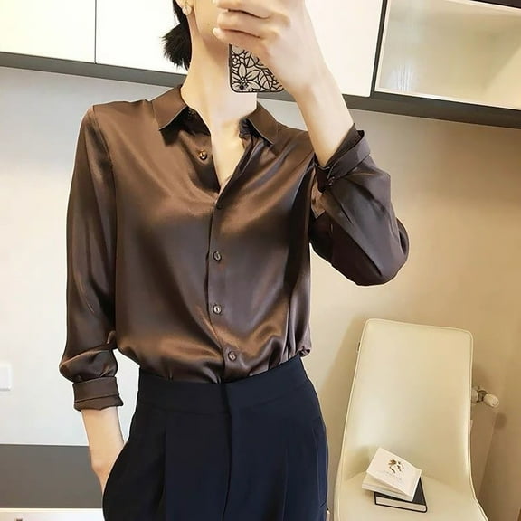Teyfeniy Women's Soft Satin Silk Shirts Button Down Lapel Casual Business Blouses for Women Silk Long Sleeve Work Shirt Tops