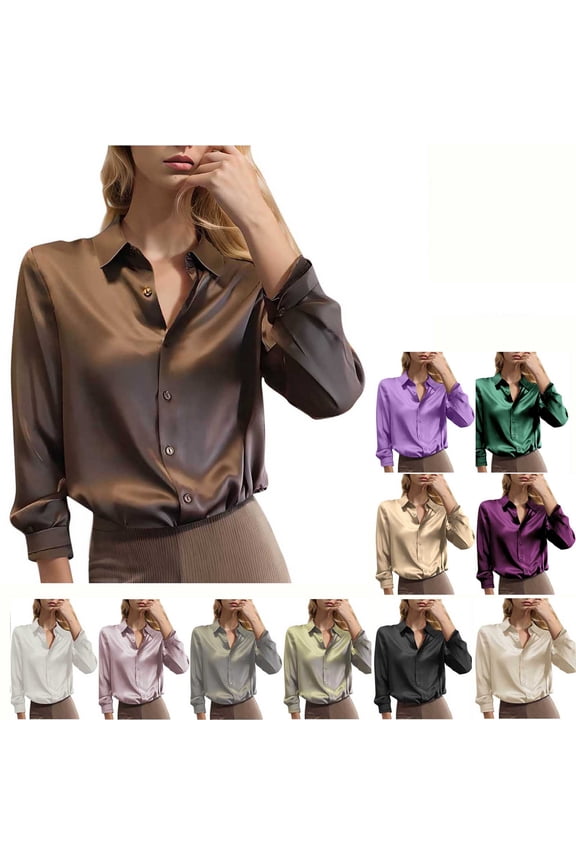 Women's Soft Satin Silk Shirts Button Down Lapel Casual Business Blouses for Women Silk Long Sleeve Work Shirt Tops
