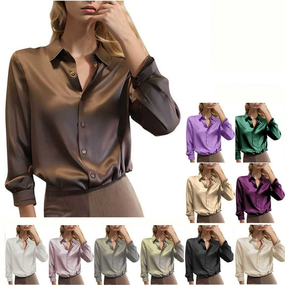 Teyfeniy Women's Soft Satin Silk Shirts Button Down Lapel Casual Business Blouses for Women Silk Long Sleeve Work Shirt Tops