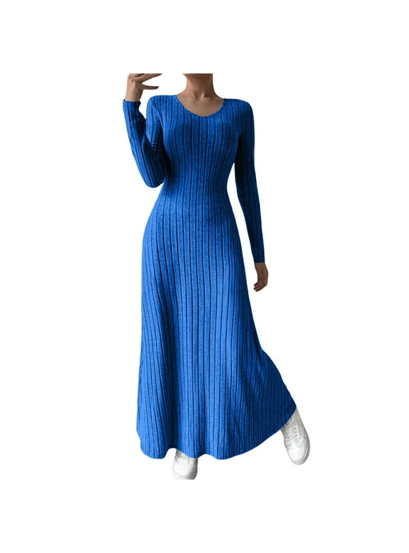 Women's Sweater Maxi Dresses U Neck Cable Knitted Long Sleeve Solid Color Long Dresses Fall Winter Stretch Fashion Stylish Casual A Line Dresses , for S to Xl