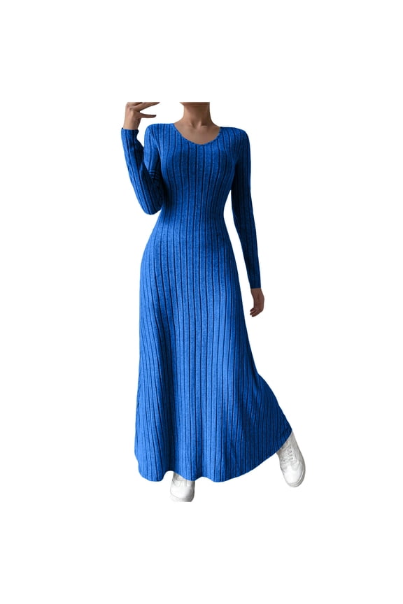 Women's Sweater Maxi Dresses U Neck Cable Knitted Long Sleeve Solid Color Long Dresses Fall Winter Stretch Fashion Stylish Casual A Line Dresses , for S to Xl