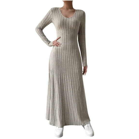 Teyfeniy Women's Sweater Maxi Dresses U Neck Cable Knitted Long Sleeve Solid Color Long Dresses Fall Winter Stretch Fashion Stylish Casual A Line Dresses , for S to Xl