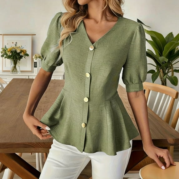 Teyfeniy Womens Button Down Shirts Short Puff Sleeve Tapered Waist Casual Solid Color Top Fashion Comfy Blouses V Neck Spring Summer Work Holiday Tops