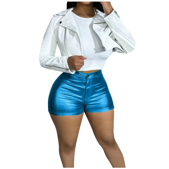 Teyfeniy Womens Faux Leather Shorts with Button and Zipper Slim Summer Hotpant Shorts Solid Color Casual Party Dancing Activity Comfy Fashion Shorts