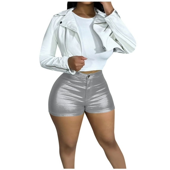 Teyfeniy Womens Faux Leather Shorts with Button and Zipper Slim Summer Hotpant Shorts Solid Color Casual Party Dancing Activity Comfy Fashion Shorts