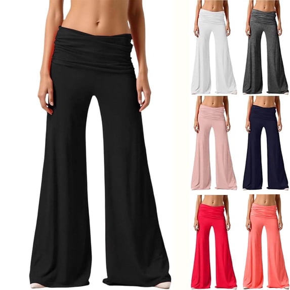 Teyfeniy Womens Flare Leggings Fold over Yoga Pants Wide Leg Baggy Loose Casual Pants Yoga Pilate Comfy Solid Color Soft Elastic Waist Fashion Pants