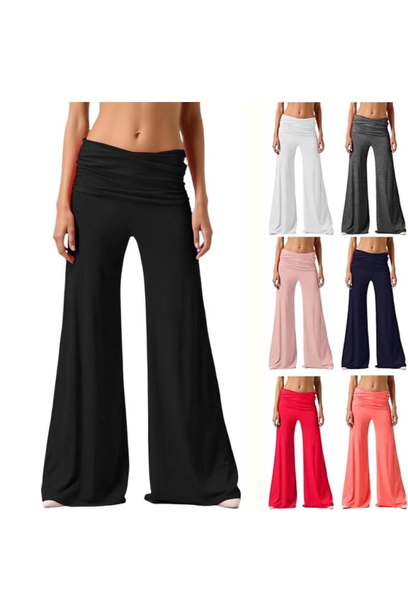 Womens Flare Leggings Fold over Yoga Pants Wide Leg Baggy Loose Casual Pants Yoga Pilate Comfy Solid Color Soft Elastic Waist Fashion Pants