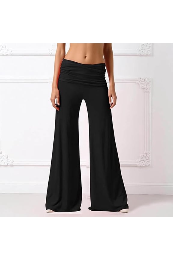 Womens Flare Leggings Fold over Yoga Pants Wide Leg Baggy Loose Casual Pants Yoga Pilate Comfy Solid Color Soft Elastic Waist Fashion Pants