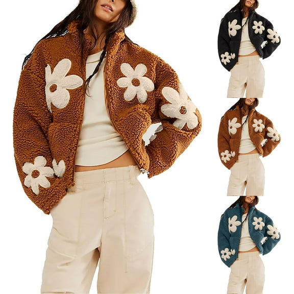 Teyfeniy Womens Fleece Jacket Zip Up Long Sleeve Fuzzy Jackets Cozy Warm Fall Winter Cardigan Cute Coat with Flower Pattern for S to XL