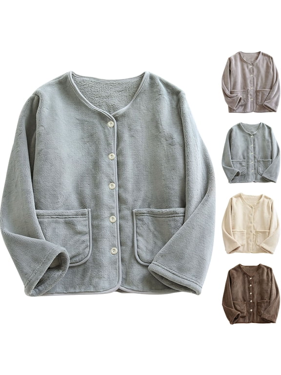 Womens Fleece Pajama Top Bed Jacket Fuzzy Long Sleeve with Pocket Casual Sleepwear Solid Color Soft Comfy Sleeping Jacket Loungewear Fashion Stylish Nightwear