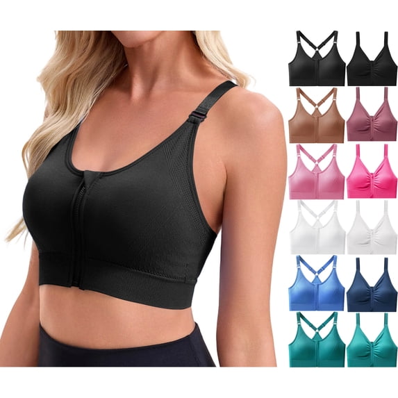 Teyfeniy Womens Front Zipper Sport Bras Yoga Running Everyday Comfy Soft Padded Adjustable Straps Wireless Crossback Bralettes