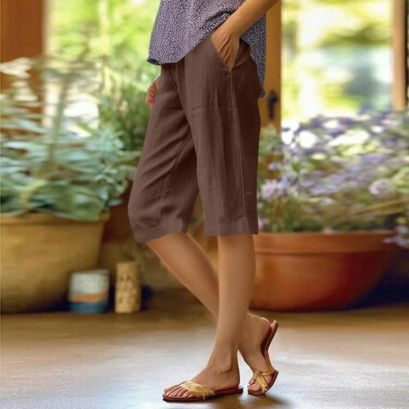 Teyfeniy Womens Linen Shorts Casual Summer Elastic Waist with Pockets Fashion Solid Color Shorts Lounge Outdoor Short Comfy Short Lightweight Outfits