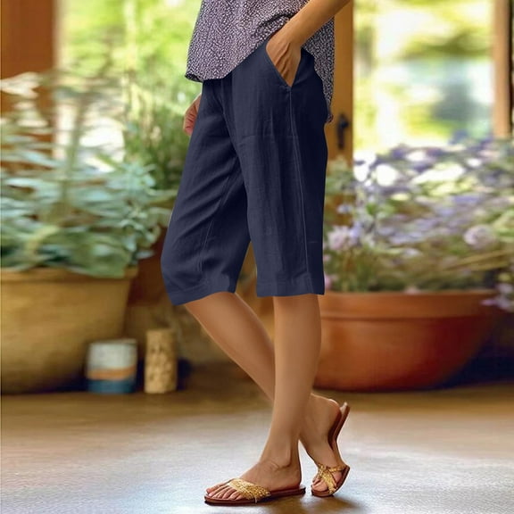 Teyfeniy Womens Linen Shorts Casual Summer Elastic Waist with Pockets Fashion Solid Color Shorts Lounge Outdoor Short Comfy Short Lightweight Outfits