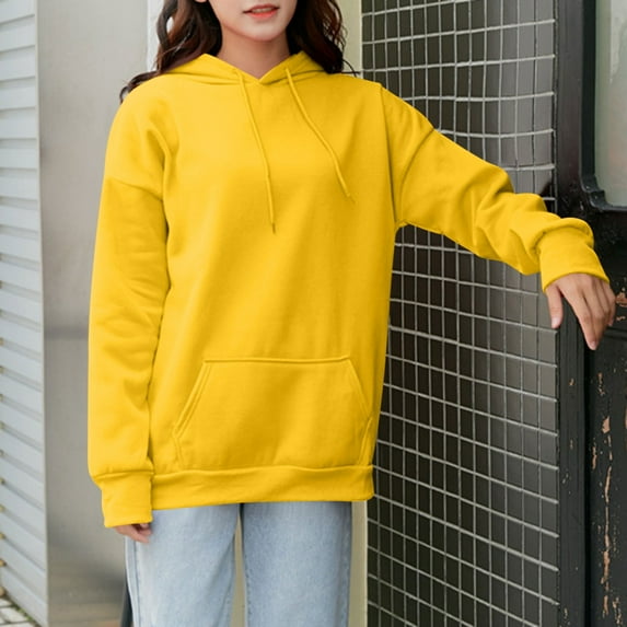 Teyfeniy Yellow Solid Color Sweatshirts for Women Long Sleeve Pocket Pullover Hoodies Casual Blouses Comf Stylish Tops Shirts