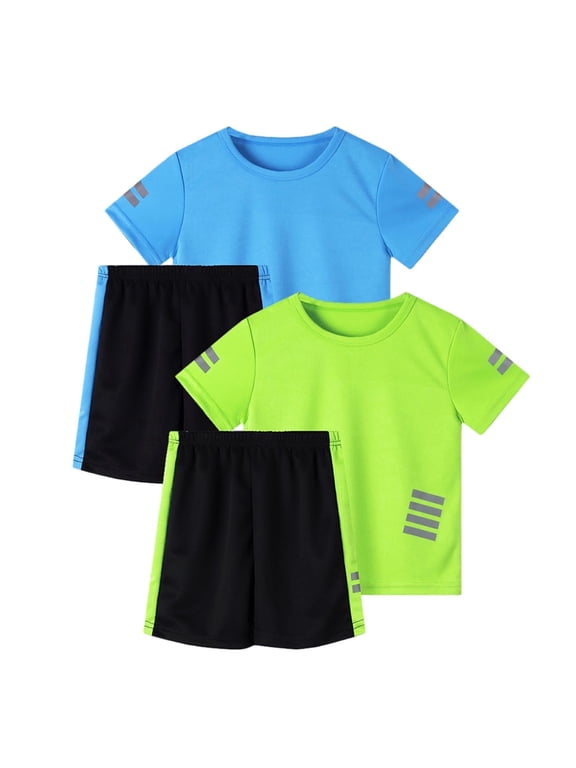 Boys Athletic Sets, Short Sleeve Quick Dry T-Shirt and Shorts 4-Piece Summer Basketball Activewear Outfits Dark Blue Size 10