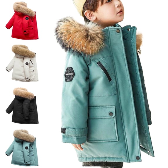 Teylalorva Boys Parka Zip up Hooded Fur Collar Puffer Jacket Fleece Lined Mid Length Coat with Pockets (5-16) Blue Size 5-6Years