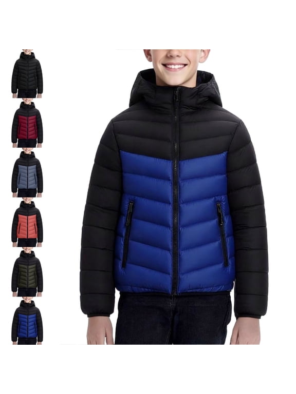 Boys Puffer Coat Zip up Hooded Color Block Lightweight Down Jacket Warm Winter Outerwear (8-17) Black Size 10-11Years