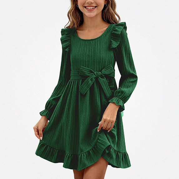 Teylalorva Dresses of Girls (2-12), Small Ruffle Trim Crew Neck Long Sleeve Dresses Lovely Hem Outfit Spring Autumn Casual Wear Green Size 5T