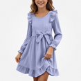 thumbnail image 1 of Teylalorva Dresses of Girls (2-12), Small Ruffle Trim Crew Neck Long Sleeve Dresses Lovely Hem Outfit Spring Autumn Casual Wear Purple Size 7, 1 of 7