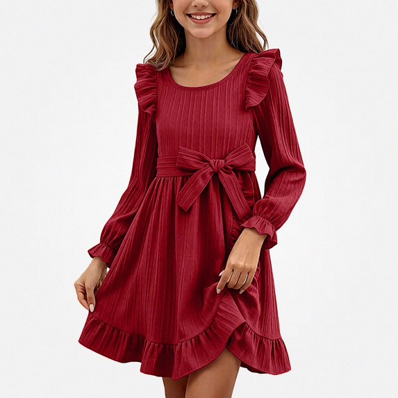 Teylalorva Dresses of Girls (2-12), Small Ruffle Trim Crew Neck Long Sleeve Dresses Lovely Hem Outfit Spring Autumn Casual Wear Red Size 11