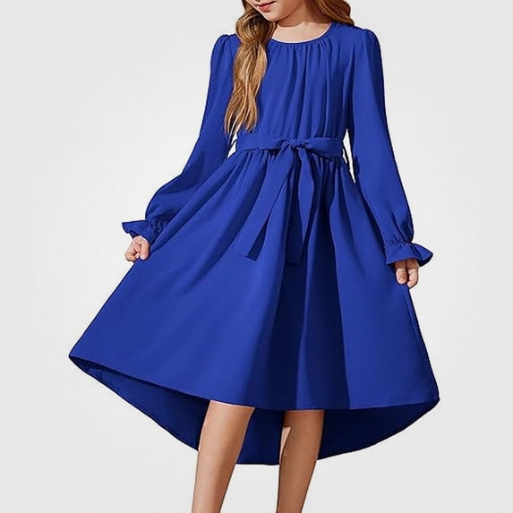 Teylalorva Dresses of Girls (4-13), Sweet Flowy Belted Party Dresses Crew Neck Long Sleeve Fashion Outfit Summer Occasions Blue Size 10