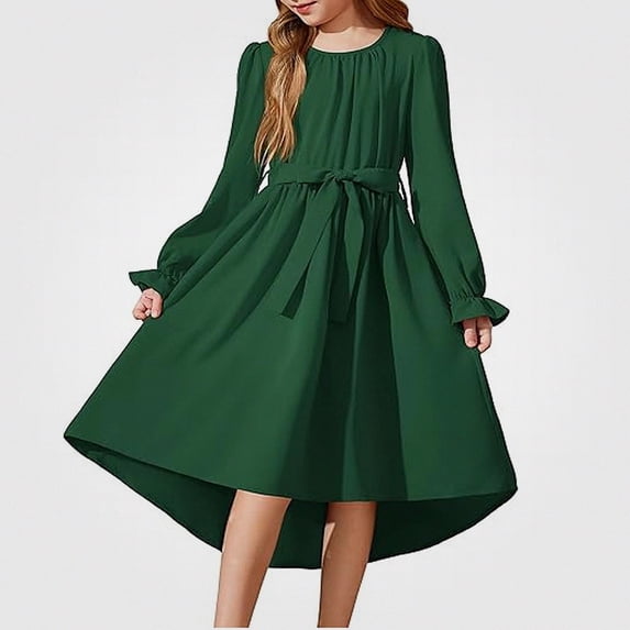 Teylalorva Dresses of Girls (4-13), Sweet Flowy Belted Party Dresses Crew Neck Long Sleeve Fashion Outfit Summer Occasions Green Size 4T