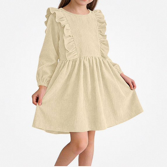 Teylalorva Girl's Dresses (3-8), Crew Neck Long Sleeve Casual Dresses Soft Comfort Daily Outfit Indoor Outdoor Wearing Beige Size 110