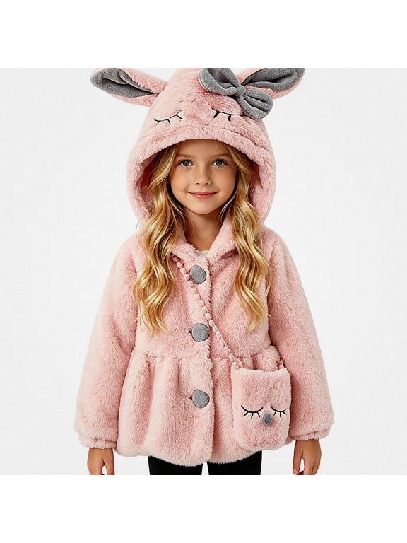Girlās Outerwear Jackets Hooded Fleece Thick Coat with Bunny Ears Cute Winter Autumn with Mini Crossbody Bagļ¼0-6ļ¼ Pink Size 6M
