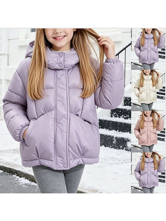 Girl's Outerwear Jackets Waterproof Hooded Puffer Coat Vertical Zip Thick Warm Loose Winter Outerwear(3-10) Purple Size 3T