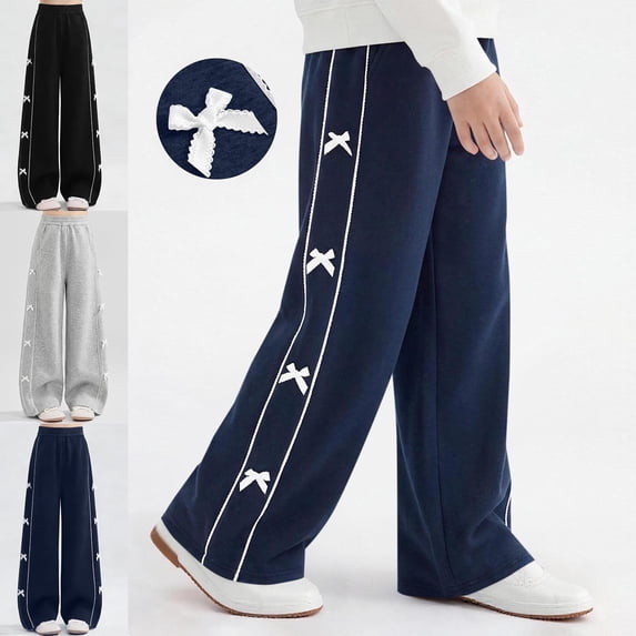 Teylalorva Girl's Pants 3D Bow Knot Wide Leg Loose Casual Elastic Waist Breathable Comfy Summer Long Pants(5-16) Navy Size 13