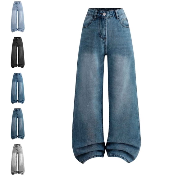 Teylalorva Girl's Pants Adjustable Waist High Rise Denim Wide Leg Loose Casual Comfortable Long Jeans Trousers(12-16) Black Size 13