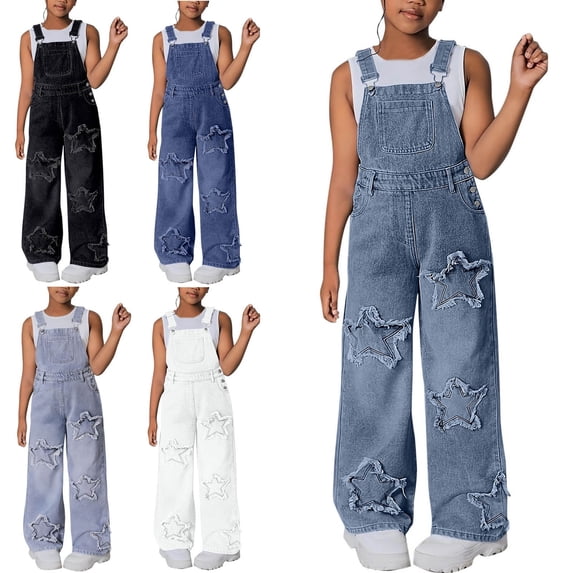 Teylalorva Girl's Pants Star Print Denim Wide Leg Overalls Adjustable Straps Loose Casual Fashion Jumpsuit Pants(6-13) Black Size 12