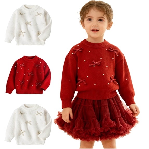Teylalorva Girl's Sweater Round Neck Pullover (2-9) Long Sleeve Knit Top Warm Casual Top for Kids Red Size 6
