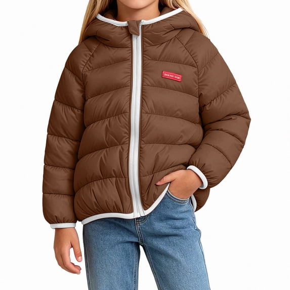 Teylalorva Girl'sOuterwear Jackets Hooded Long Sleeve Puffer Jacket Warm Winter Outerwear for Toddlers(0-7) Coffee Size 12M