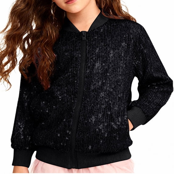 Teylalorva Girl'sOuterwear Jackets Sequin Sparkly Jacket Casual Party Carnival Winter Coat for Girls(2-10) Black Size 5T