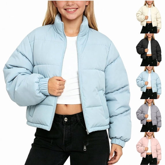 Teylalorva Girl'sOuterwear Jackets Turn Down Collar Zip Up Long Sleeve Down Cotton Puffer Coat Warm Winter(2-15) Blue Size 2T