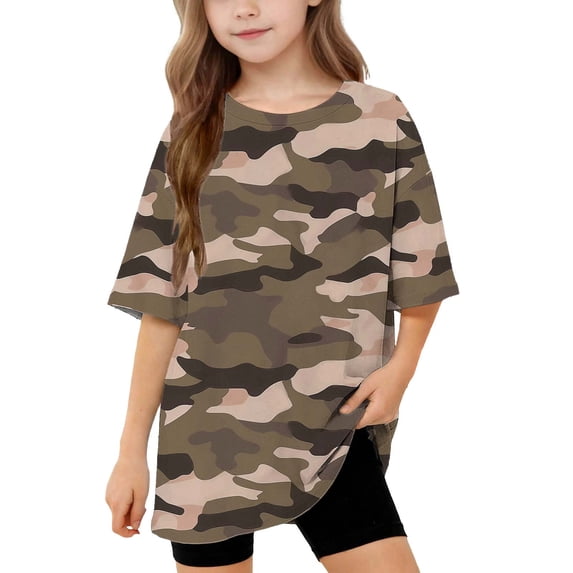 Teylalorva Girls Camouflage T-Shirt, Crewneck Loose Casual Short Sleeve Summer Trendy Graphic Tee Brown Size 10