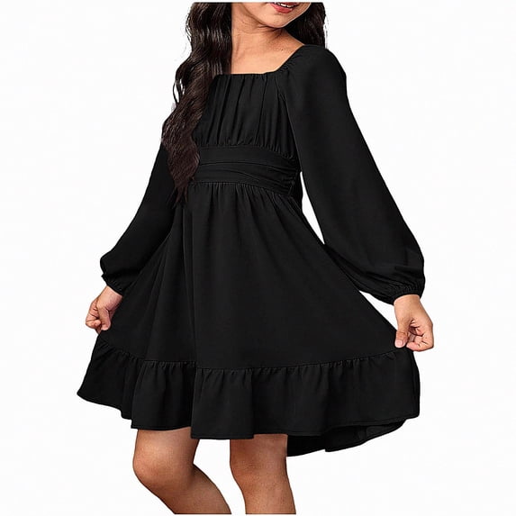 Teylalorva Girls Dresses (4-13), Sweet Puff Long Sleeve Bow Backless Tie-Up Dresses Crew Neck Fashion Outfit Summer Party Black Size 8